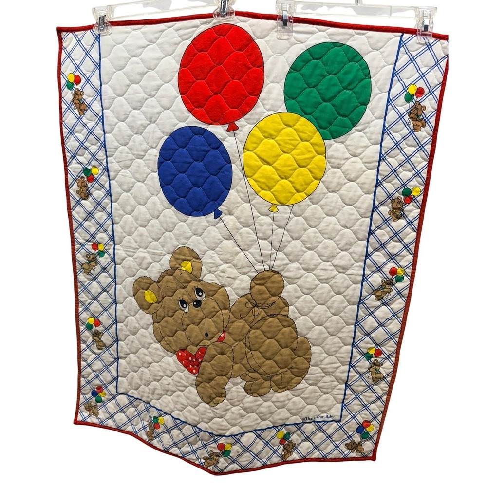 vintage 1980's "That's Our Baby" Quilted Teddy Bear Baby Crib Blanket